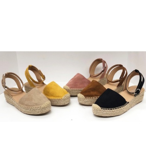 Camel Vegan Suede ankle Buckle Espadrille Wedge - Picture 2 of 3